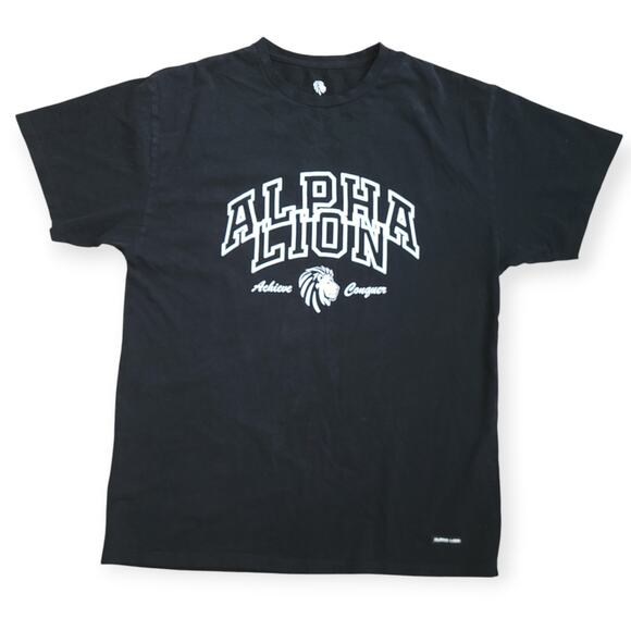 Alpha Lion Relaxed Varsity Print Vintage Black Crewneck T-Shirt Men Sz X-Large - Picture 2 of 9